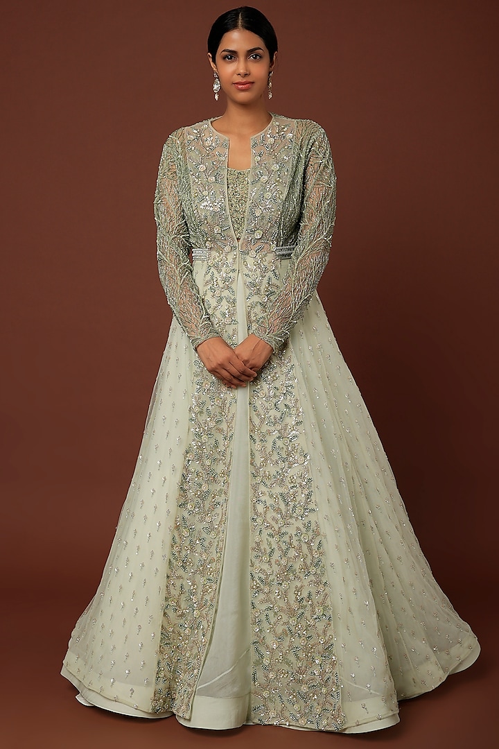 Mint Green Embroidered Lehenga Set by COUTURE BY NIHARIKA
