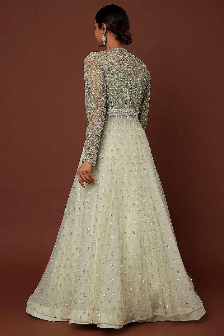 Mint Green Organza Floral Embroidered Jacket Wedding Lehenga Set by COUTURE BY NIHARIKA at Pernia's Pop Up Shop