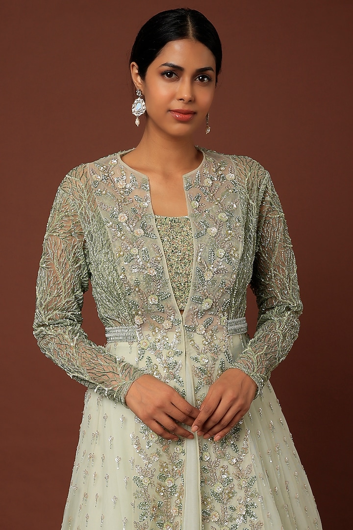 Mint Green Organza Floral Embroidered Jacket Wedding Lehenga Set by COUTURE BY NIHARIKA at Pernia's Pop Up Shop