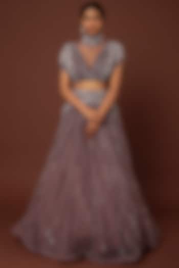 Purple Net Hand Embroidered Wedding Lehenga Set by COUTURE BY NIHARIKA at Pernia's Pop Up Shop