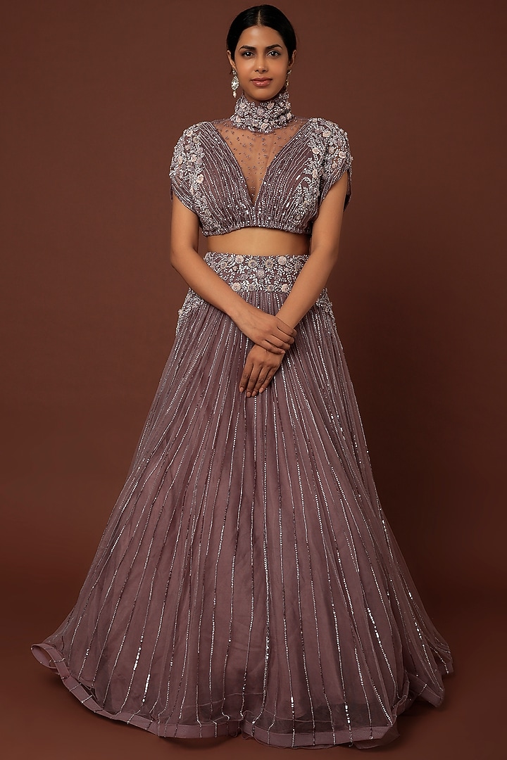 Purple Net Hand Embroidered Wedding Lehenga Set by COUTURE BY NIHARIKA at Pernia's Pop Up Shop