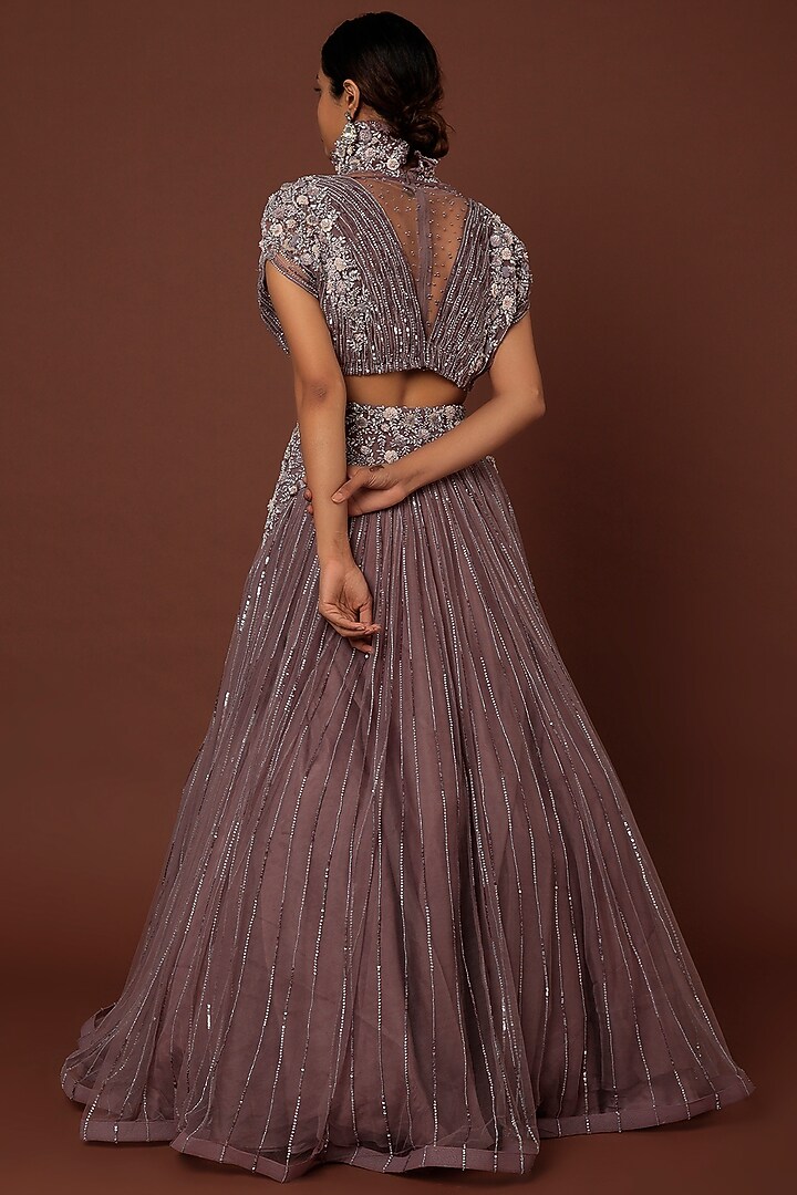 Purple Net Hand Embroidered Wedding Lehenga Set by COUTURE BY NIHARIKA at Pernia's Pop Up Shop
