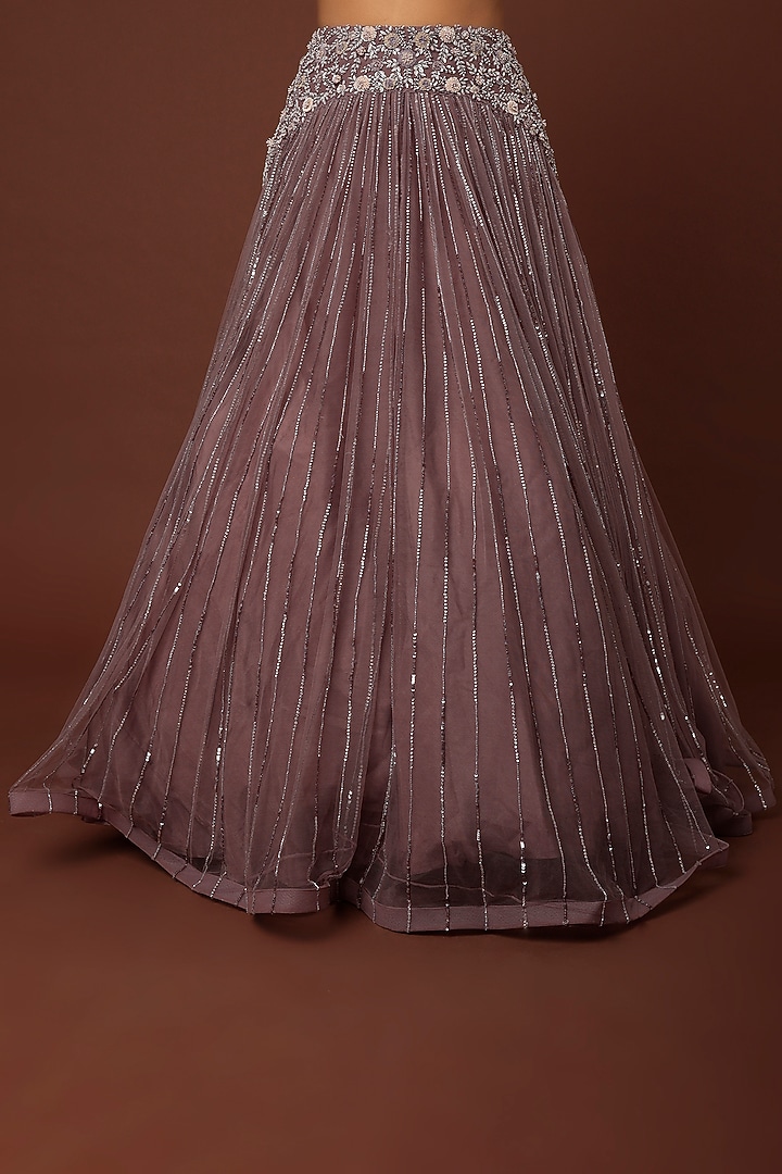 Purple Net Hand Embroidered Wedding Lehenga Set by COUTURE BY NIHARIKA at Pernia's Pop Up Shop