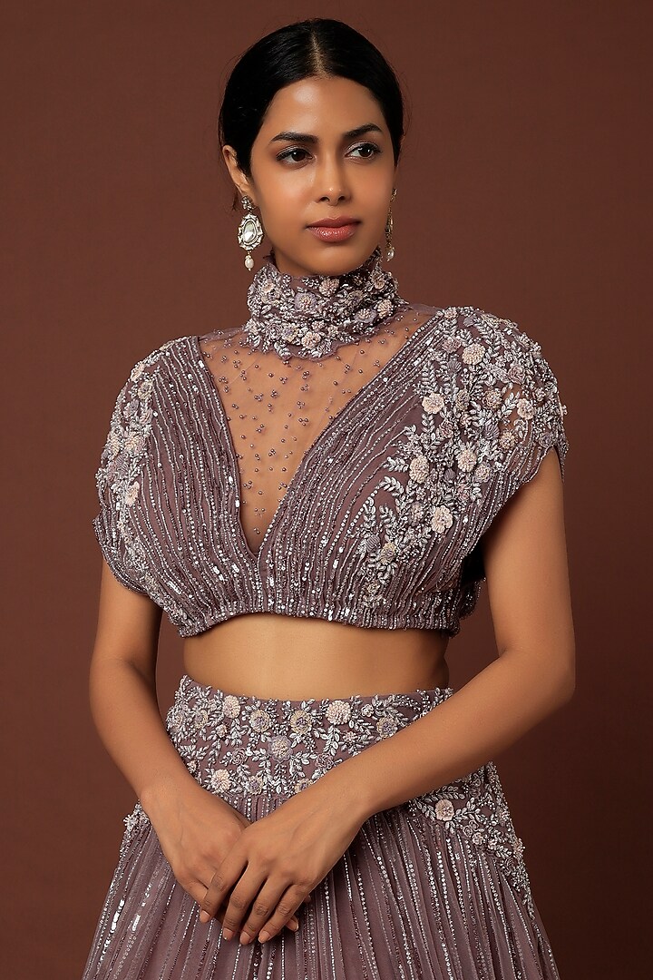 Purple Net Hand Embroidered Wedding Lehenga Set by COUTURE BY NIHARIKA at Pernia's Pop Up Shop