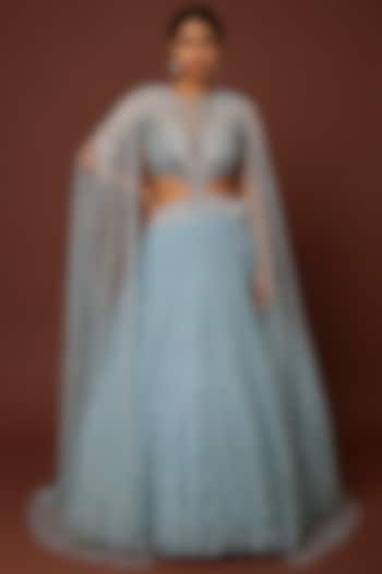 Sky Blue Net Embroidered Wedding Lehenga Set by COUTURE BY NIHARIKA at Pernia's Pop Up Shop