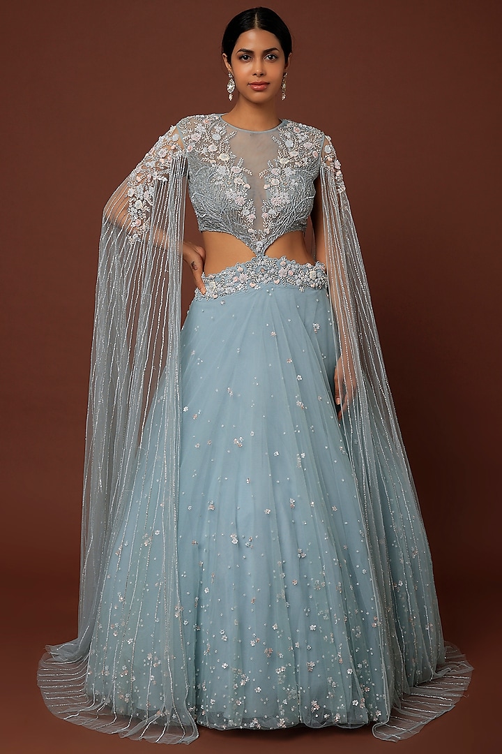 Sky Blue Net Embroidered Wedding Lehenga Set by COUTURE BY NIHARIKA at Pernia's Pop Up Shop