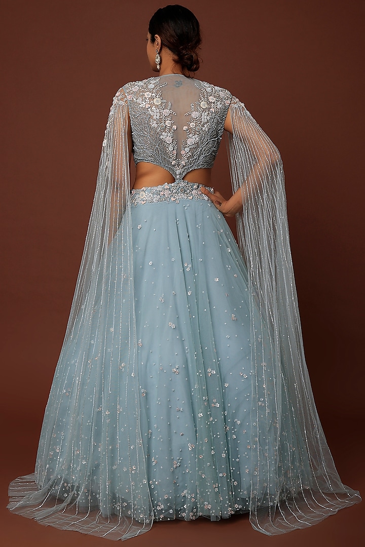 Sky Blue Net Embroidered Wedding Lehenga Set by COUTURE BY NIHARIKA at Pernia's Pop Up Shop