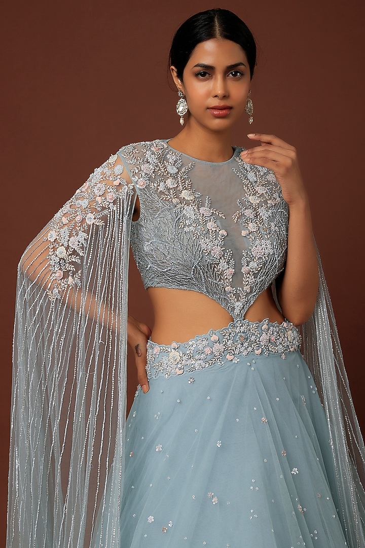 Sky Blue Net Embroidered Wedding Lehenga Set by COUTURE BY NIHARIKA at Pernia's Pop Up Shop