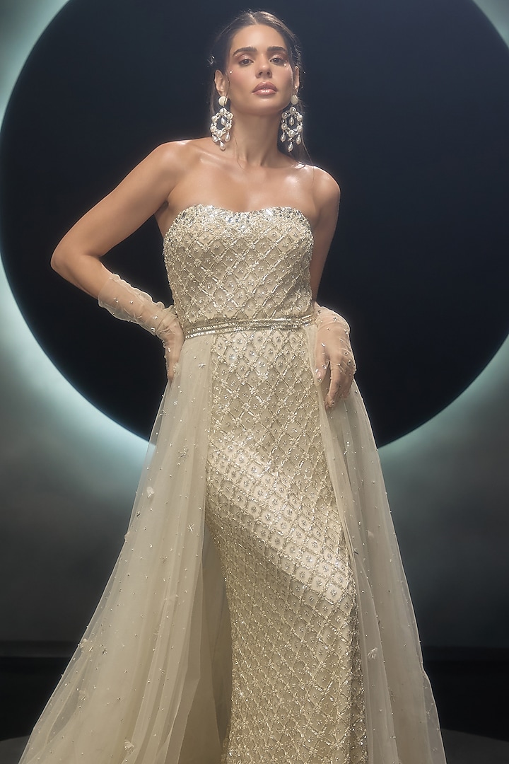 Ivory Net Hand Embroidered Wedding Gown by COUTURE BY NIHARIKA at Pernia's Pop Up Shop