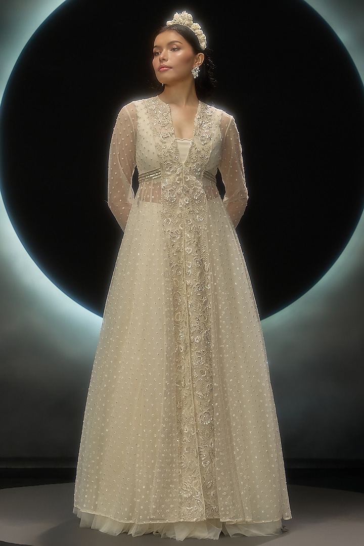 Ivory Net Embroidered Jacket Set by COUTURE BY NIHARIKA at Pernia's Pop Up Shop