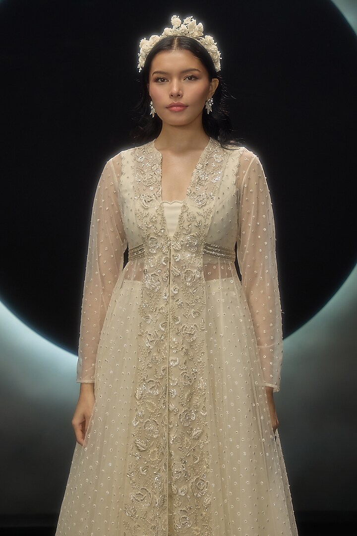 Ivory Net Embroidered Jacket Set by COUTURE BY NIHARIKA at Pernia's Pop Up Shop
