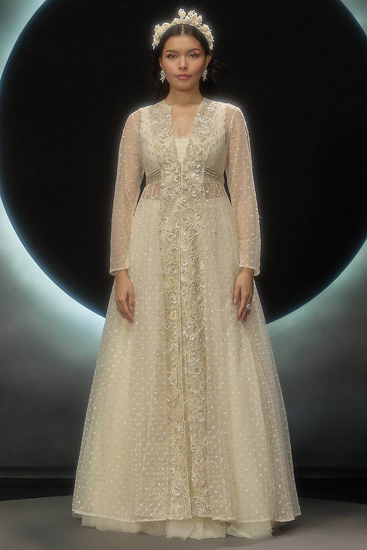 Ivory Net Embroidered Jacket Set by COUTURE BY NIHARIKA at Pernia's Pop Up Shop
