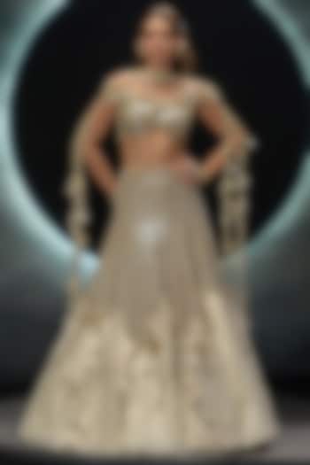 Golden & Ivory Organza Embroidered Bridal Lehenga Set by COUTURE BY NIHARIKA at Pernia's Pop Up Shop