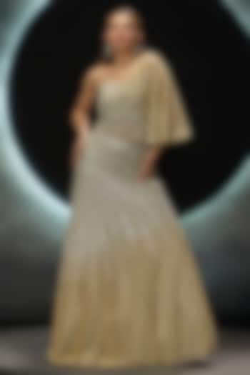 Golden Net Hand Embroidered Bridal Lehenga Set by COUTURE BY NIHARIKA at Pernia's Pop Up Shop