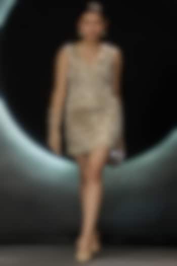 Golden Banarasi Tissue Hand & Machine Embroidered Cocktail Dress by COUTURE BY NIHARIKA at Pernia's Pop Up Shop