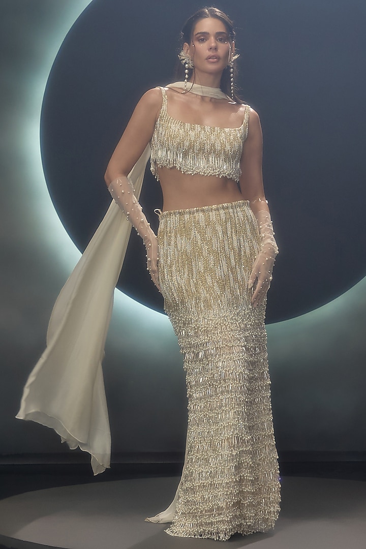 Golden Organza & Flat Chiffon Hand Embroidered Wedding Lehenga Set by COUTURE BY NIHARIKA at Pernia's Pop Up Shop