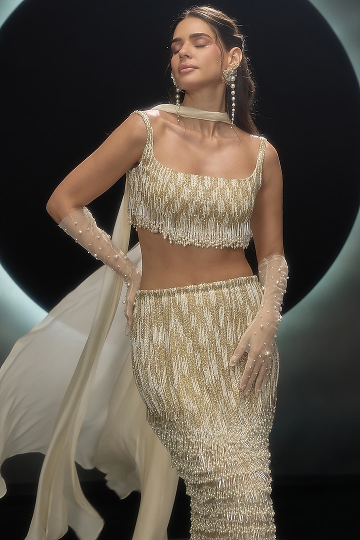 Golden Organza & Flat Chiffon Hand Embroidered Wedding Lehenga Set by COUTURE BY NIHARIKA at Pernia's Pop Up Shop