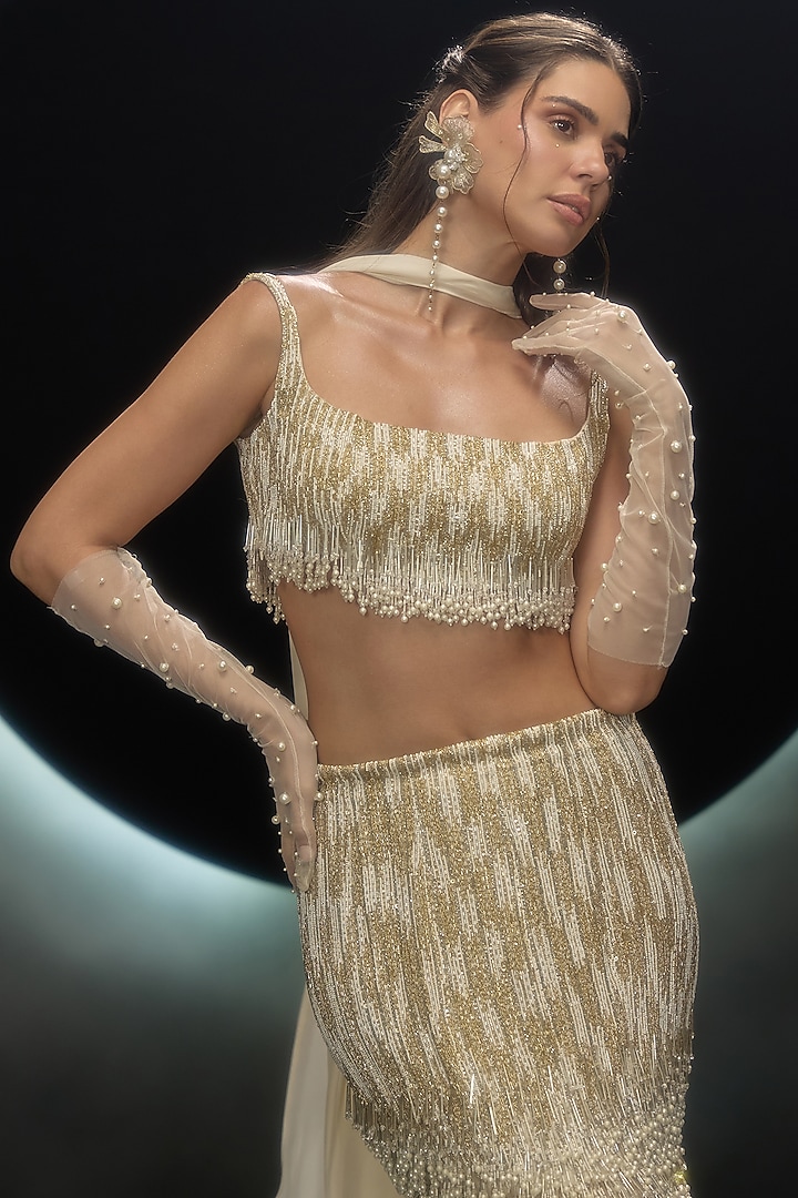 Golden Organza & Flat Chiffon Hand Embroidered Wedding Lehenga Set by COUTURE BY NIHARIKA at Pernia's Pop Up Shop