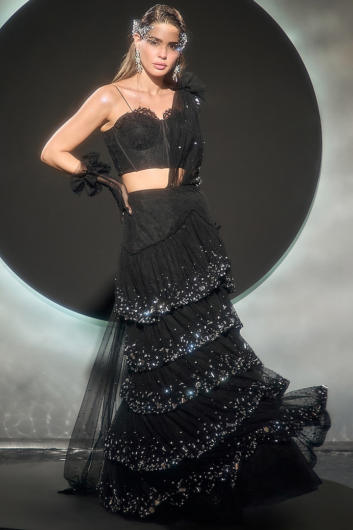 Black Taiwan Net Draped Reception Saree Set by COUTURE BY NIHARIKA at Pernia's Pop Up Shop