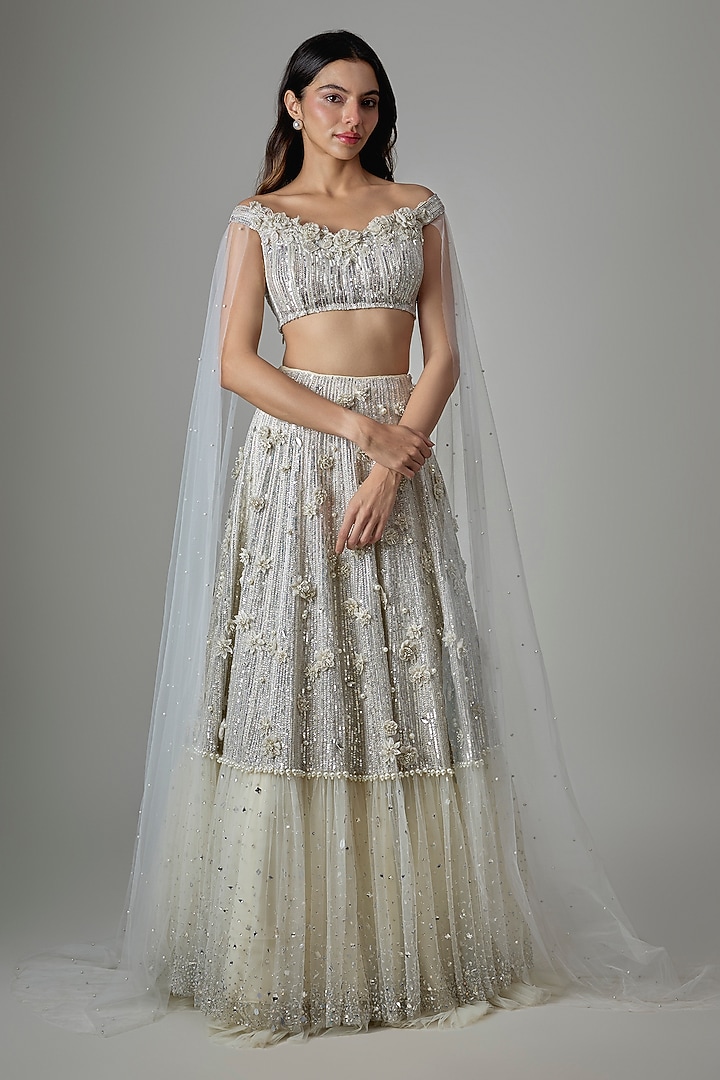 Ivory Net Sequin Hand Embroidered Bridal Lehenga Set by COUTURE BY NIHARIKA at Pernia's Pop Up Shop