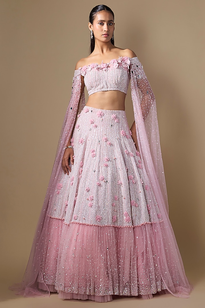 Pink Taiban Net Sequins Hand Embroidered Bridal Lehenga Set by COUTURE BY NIHARIKA at Pernia's Pop Up Shop