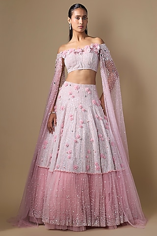 Pink Taiban Net Sequins Hand Embroidered Lehenga Set by COUTURE BY NIHARIKA