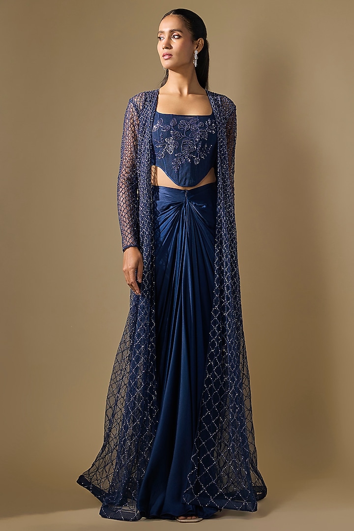 Navy Blue Net Embroidered Jacket Set by COUTURE BY NIHARIKA at Pernia's Pop Up Shop