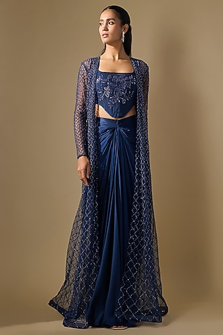 Navy Blue Net Embroidered Jacket Set by COUTURE BY NIHARIKA