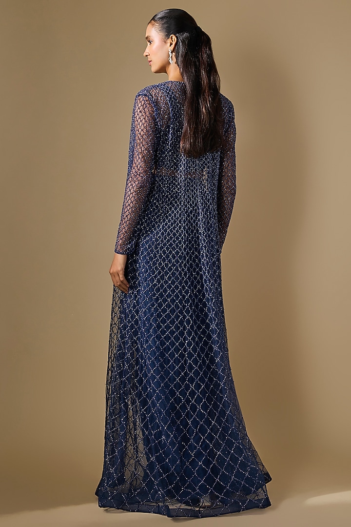 Navy Blue Net Embroidered Jacket Set by COUTURE BY NIHARIKA at Pernia's Pop Up Shop