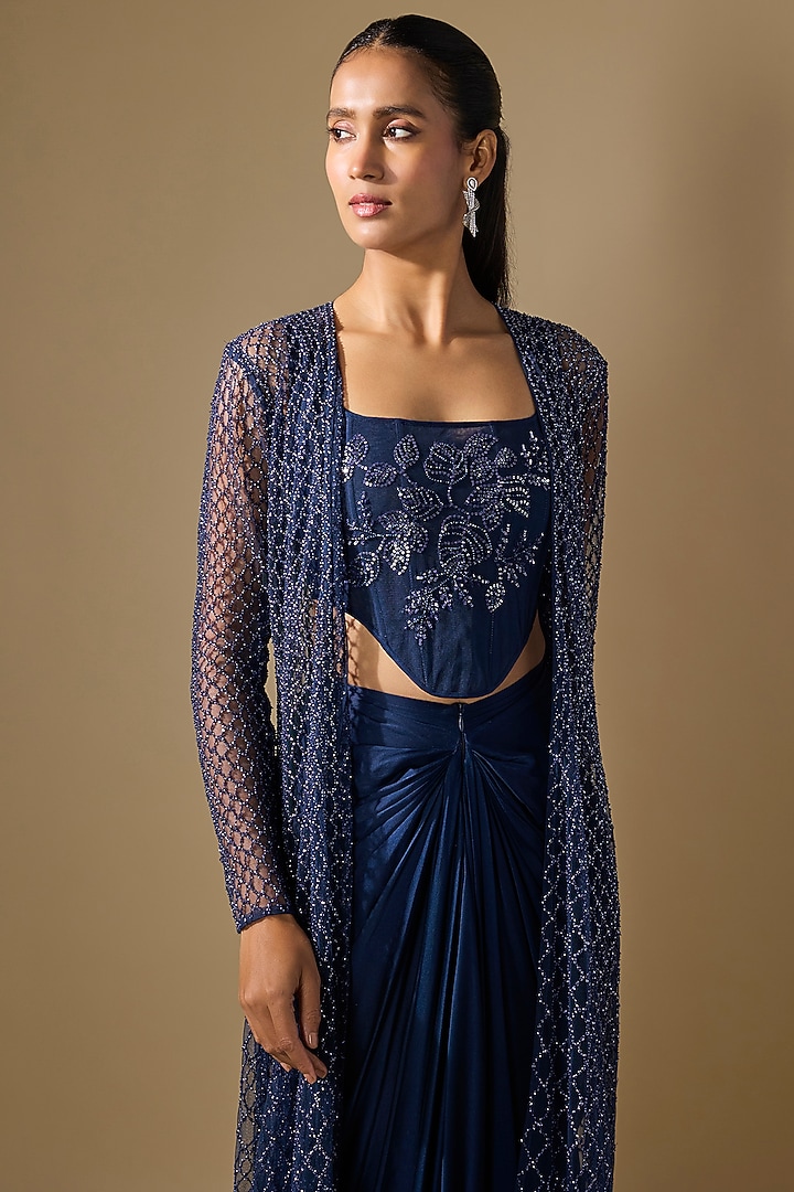 Navy Blue Net Embroidered Jacket Set by COUTURE BY NIHARIKA at Pernia's Pop Up Shop