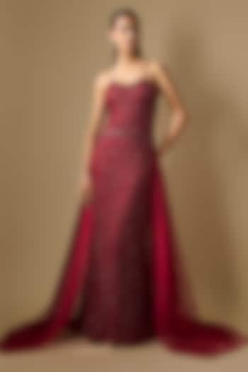 Red Net Hand Embroidered Trail Wedding Gown  by COUTURE BY NIHARIKA at Pernia's Pop Up Shop