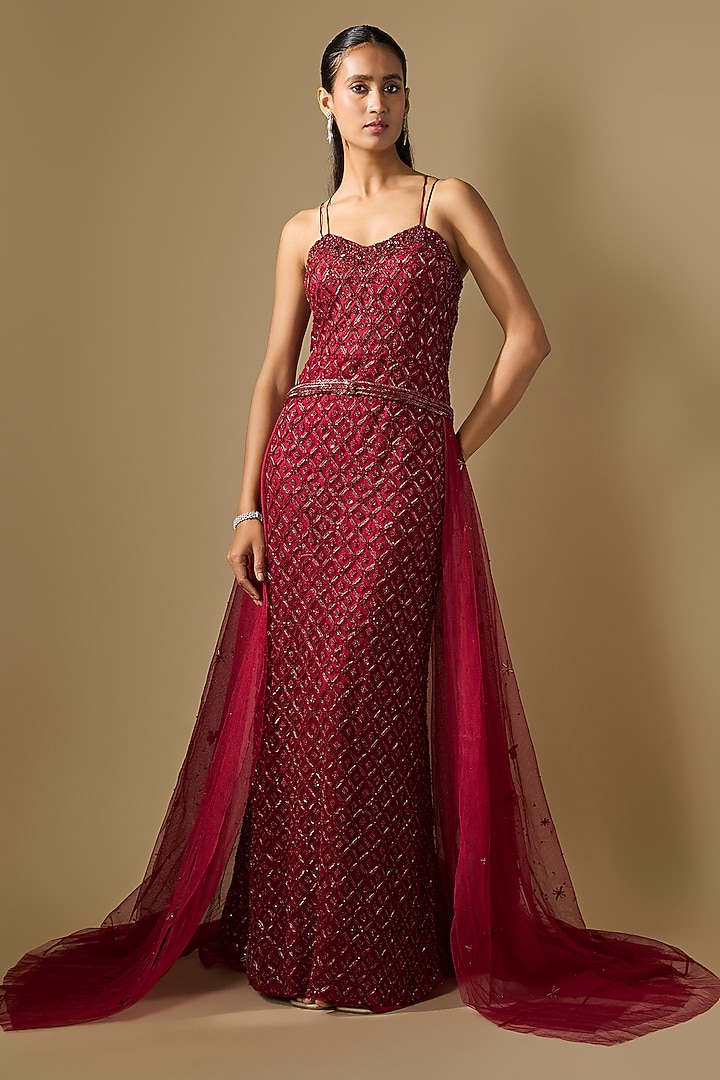 Red Net Hand Embroidered Trail Wedding Gown  by COUTURE BY NIHARIKA at Pernia's Pop Up Shop