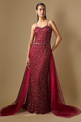 Red Net Hand Embroidered Trail Gown  by COUTURE BY NIHARIKA