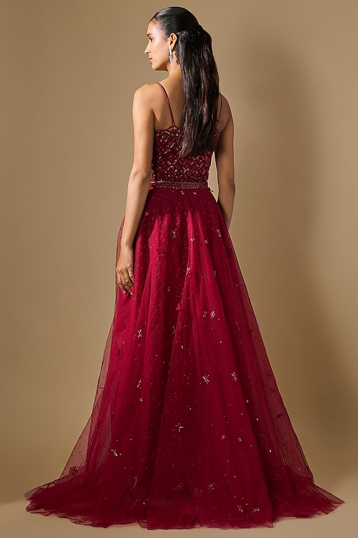 Red Net Hand Embroidered Trail Wedding Gown  by COUTURE BY NIHARIKA at Pernia's Pop Up Shop