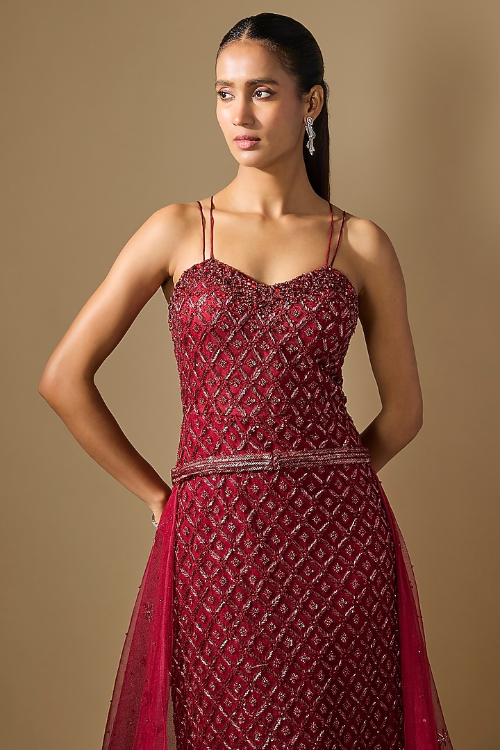Red Net Hand Embroidered Trail Wedding Gown  by COUTURE BY NIHARIKA at Pernia's Pop Up Shop