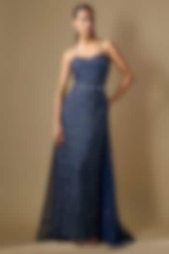 Navy Blue Net Hand Embroidered Trail Wedding Gown  by COUTURE BY NIHARIKA at Pernia's Pop Up Shop