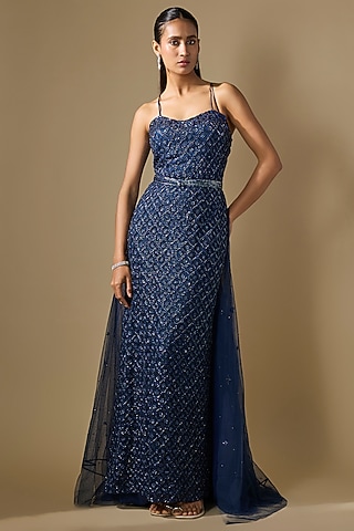 Navy Blue Net Hand Embroidered Trail Gown  by COUTURE BY NIHARIKA