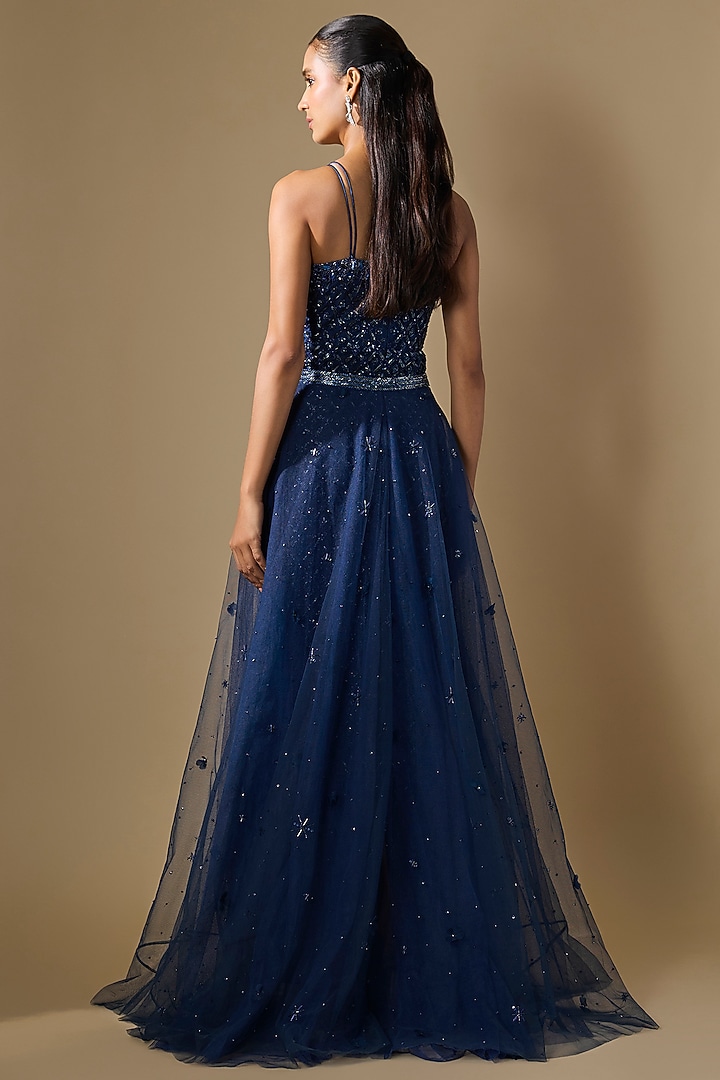 Navy Blue Net Hand Embroidered Trail Wedding Gown by COUTURE BY NIHARIKA at Pernia's Pop Up Shop