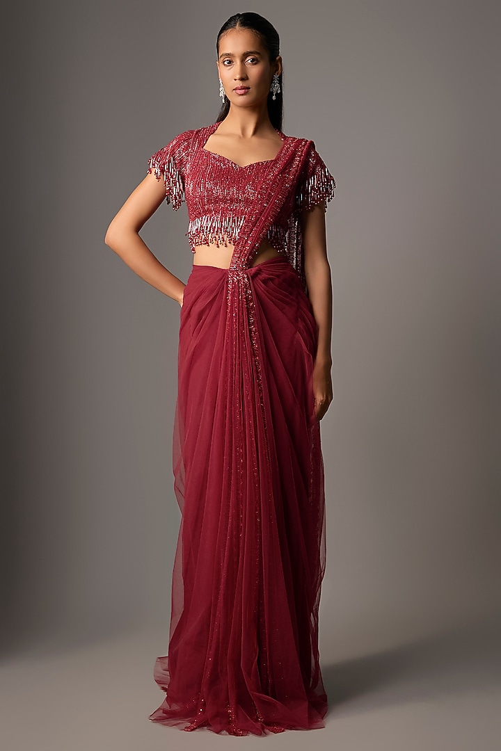 Red Net Hand Embroidered Draped Reception Saree Set by COUTURE BY NIHARIKA at Pernia's Pop Up Shop