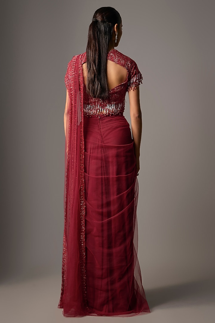 Red Net Hand Embroidered Draped Reception Saree Set by COUTURE BY NIHARIKA at Pernia's Pop Up Shop