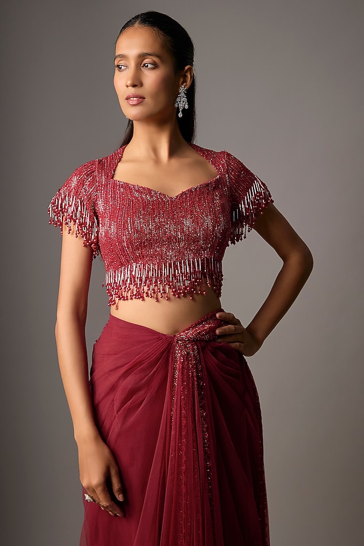 Red Net Hand Embroidered Draped Reception Saree Set by COUTURE BY NIHARIKA at Pernia's Pop Up Shop