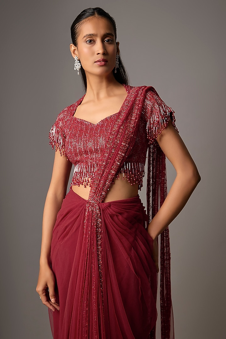Red Net Hand Embroidered Draped Reception Saree Set by COUTURE BY NIHARIKA at Pernia's Pop Up Shop