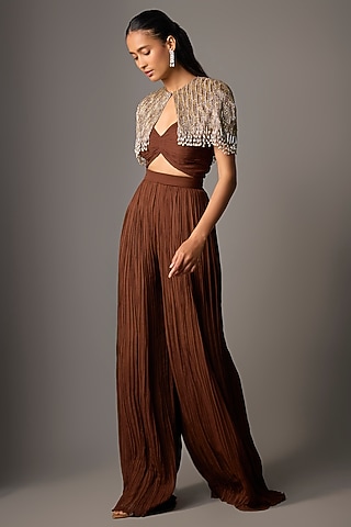 Mocha Brown Viscose & Organza Jumpsuit With Jacket by COUTURE BY NIHARIKA