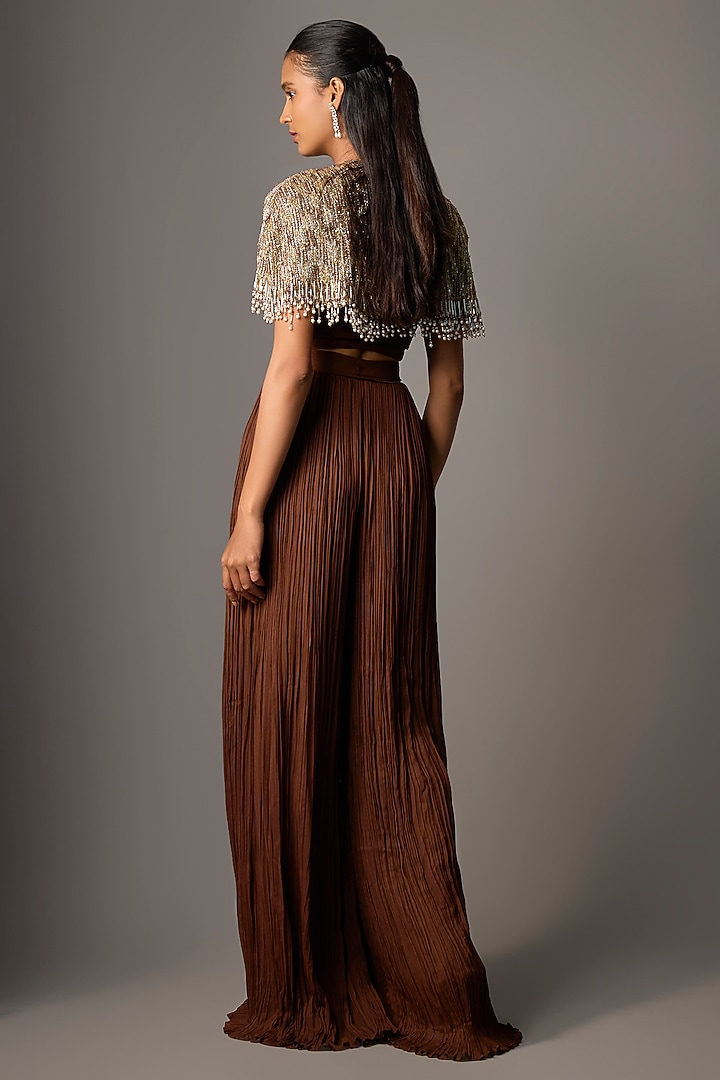 Mocha Brown Viscose & Organza Jumpsuit With Jacket by COUTURE BY NIHARIKA at Pernia's Pop Up Shop