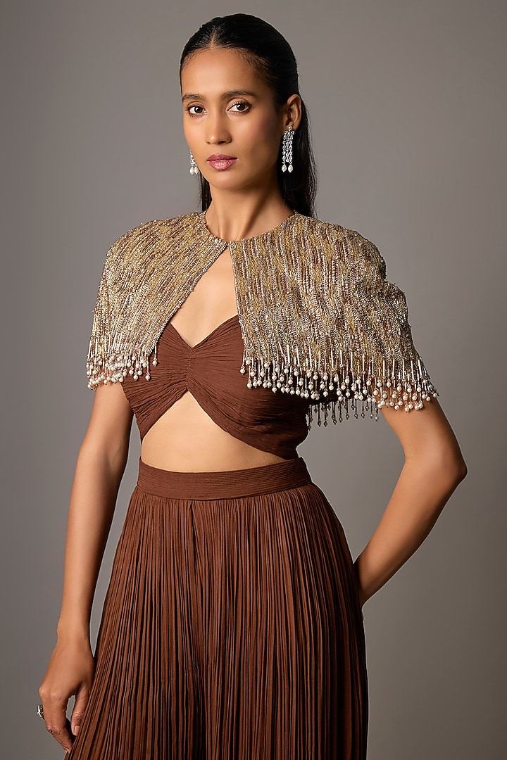 Mocha Brown Viscose & Organza Jumpsuit With Jacket by COUTURE BY NIHARIKA at Pernia's Pop Up Shop
