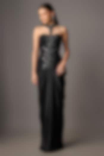 Black Satin Draped Skirt Set by COUTURE BY NIHARIKA at Pernia's Pop Up Shop