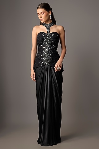 Black Satin Draped Skirt Set by COUTURE BY NIHARIKA