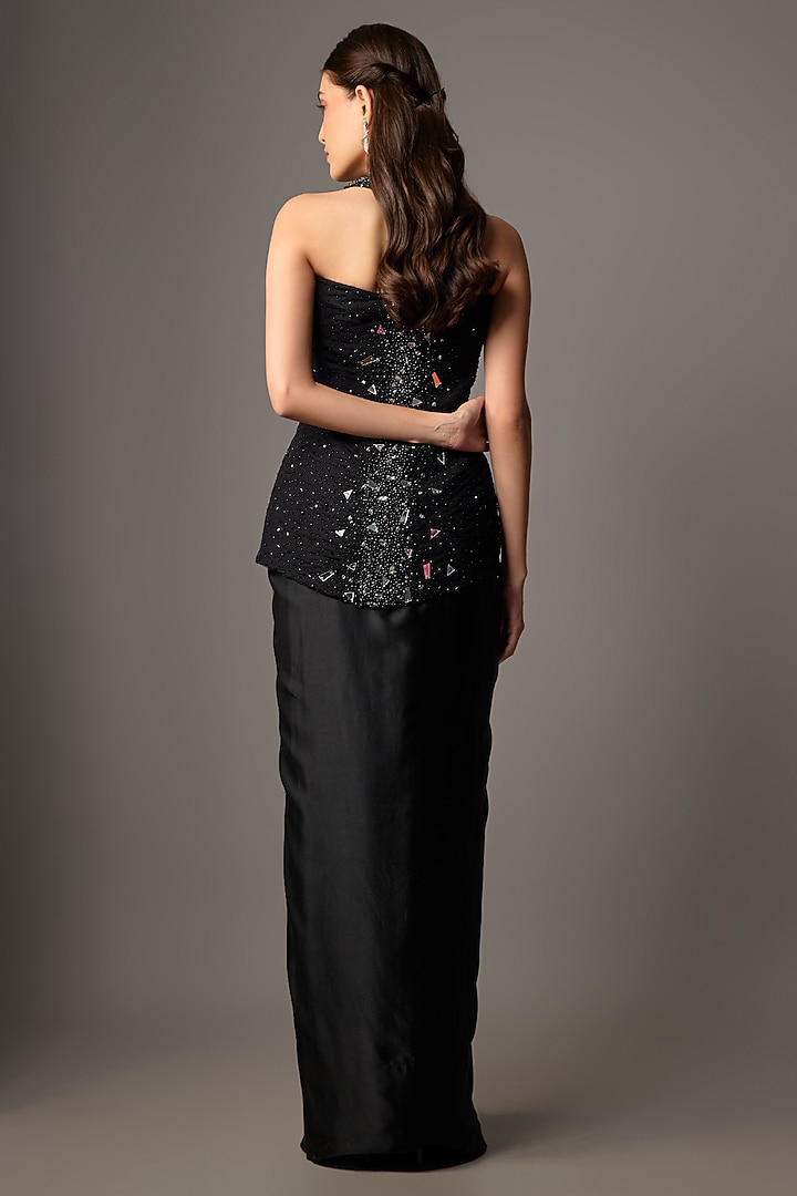Black Satin Draped Skirt Set by COUTURE BY NIHARIKA at Pernia's Pop Up Shop
