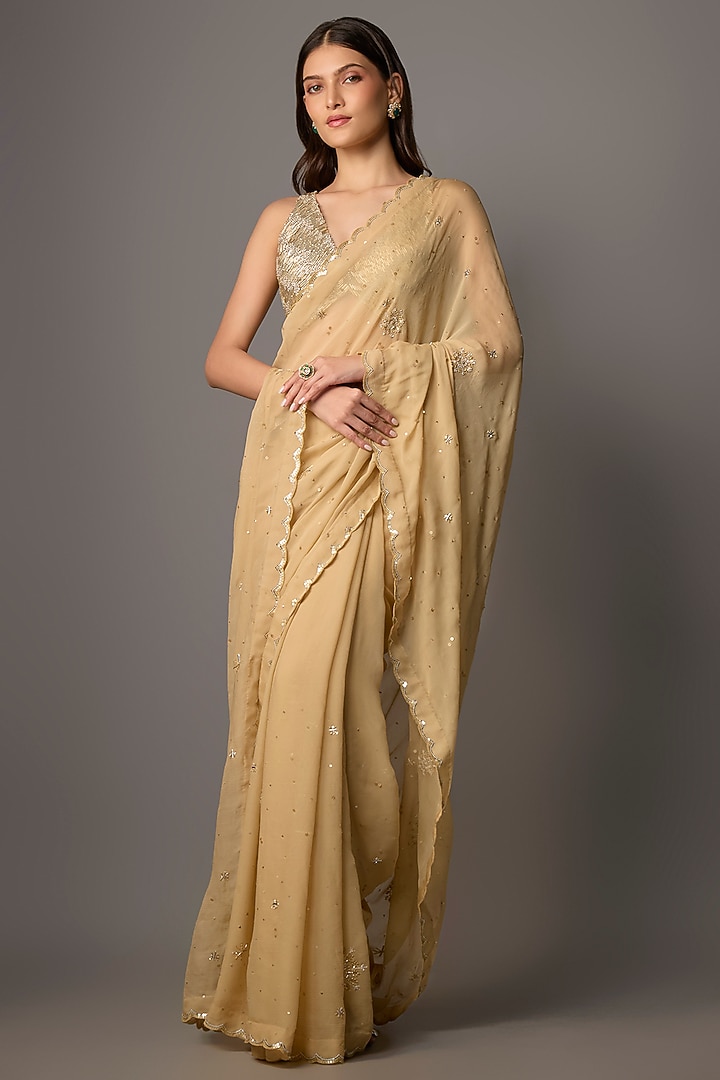 Beige Chiffon Wedding Saree Set by COUTURE BY NIHARIKA at Pernia's Pop Up Shop