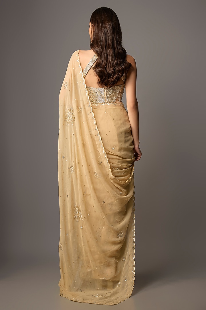 Beige Chiffon Wedding Saree Set by COUTURE BY NIHARIKA at Pernia's Pop Up Shop